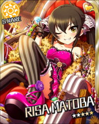 Rule 34 | 10s, 1girl, artist request, black hair, card (medium), character name, dress, earrings, feather boa, gloves, hair ribbon, idolmaster, idolmaster cinderella girls, jewelry, matoba risa, necklace, official art, one eye closed, ribbon, ring, solo, strapless, strapless dress, striped clothes, striped thighhighs, sun symbol, thighhighs, twintails, yellow eyes