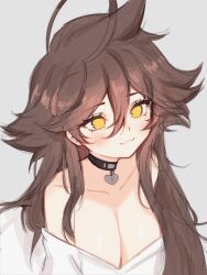 Rule 34 | 1girl, ahoge, bandaged arm, bandages, bandaid, bare shoulders, black choker, blush, breasts, brown eyes, brown hair, choker, cleavage, closed mouth, collarbone, english text, hair between eyes, heart, heart-shaped pupils, heart ahoge, heart choker, highres, huge ahoge, large breasts, leaning forward, long hair, looking at viewer, messy hair, off-shoulder shirt, off shoulder, original, shirt, simple background, sketch, sky above me, smile, solo, symbol-shaped pupils, unfinished, upper body, very long hair, white background, yellow eyes
