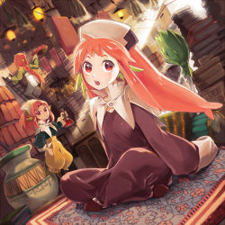 Rule 34 | 3girls, animal ears, beaker, book, book stack, carpet, comayu, comayu (pixiv), dutch angle, erlenmeyer flask, flask, floating, gangafr fantasy, hat, indian style, jar, ladder, lily (gangafr fantasy), long hair, long sleeves, mini person, minigirl, multiple girls, open mouth, red eyes, red hair, sitting, sleeves past wrists, witch