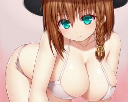 Rule 34 | 1girl, asamura hiori, bent over, bikini, black headwear, blue eyes, blush, braid, breasts, brown hair, charlotte corday (fate), cleavage, closed mouth, collarbone, fate/grand order, fate (series), hair ribbon, hanging breasts, highres, large breasts, looking at viewer, pink background, ribbon, short hair, side-tie bikini bottom, side braid, simple background, smile, solo, string bikini, swimsuit, white bikini, white ribbon, yellow ribbon