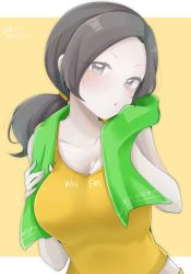 Rule 34 | 1girl, bare shoulders, black hair, blush, breasts, chiji komari, cleavage, collarbone, colored skin, copyright name, forehead, grey eyes, highres, large breasts, looking at viewer, nintendo, open mouth, parted bangs, ponytail, shirt, simple background, sleeveless, solo, super smash bros., sweat, tank top, towel, translated, white skin, wii fit, wii fit trainer, wii fit trainer (female), yellow background, yellow shirt