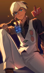 Rule 34 | 1boy, aqua eyes, arm support, brown background, closed mouth, collared shirt, commentary request, creatures (company), cup, drinking straw, eyewear hang, game freak, gen 4 pokemon, glass, gloves, headband, highres, holding, holding cup, male focus, natupath summer, nintendo, official alternate costume, pants, pokemon, pokemon masters ex, raihan (anniversary 2022) (pokemon), raihan (pokemon), rotom, rotom phone, shirt, short hair, sitting, smile, unworn eyewear, vest, white headband, white pants, white vest
