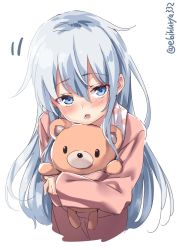 Rule 34 | 1girl, alternate costume, blue eyes, blush, casual, collarbone, ebifurya, from above, hibiki (kancolle), highres, kantai collection, long hair, looking at viewer, motion lines, hugging object, open mouth, pink shirt, polka dot, shirt, silver hair, simple background, sleepwear, stuffed animal, stuffed toy, teddy bear, twitter username, upper body, white background