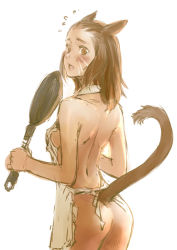 Rule 34 | 00s, 1girl, animal ears, apron, ass, blush, branch (blackrabbits), brown hair, cat ears, cat girl, cat tail, final fantasy, final fantasy xi, flying sweatdrops, frying pan, looking at viewer, mithra (ff11), naked apron, simple background, solo, surprised, tail, white background