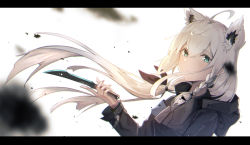 Rule 34 | 1girl, absurdres, ahoge, alternate costume, animal ear fluff, animal ears, armband, black jacket, black ribbon, blue eyes, braid, breasts, closed mouth, commentary, eyelashes, fox ears, hair between eyes, hair ribbon, highres, hololive, hood, hooded jacket, ioriwu8, jacket, knife, letterboxed, long hair, long sleeves, looking at viewer, ponytail, ribbon, shirakami fubuki, side braid, silver hair, simple background, small breasts, solo, upper body, virtual youtuber, white background, wind