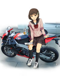 Rule 34 | 1girl, 2012, aprilia, aprilia rsv-4, backpack, bag, black thighhighs, bow, brown hair, car, cellphone, cellphone charm, cellphone strap, charm (object), cup, dated, disposable cup, drinking straw, engine, hair ornament, highres, loafers, looking at viewer, medium hair, miniskirt, motor vehicle, motorcycle, munakata (hisahige), outdoors, phone, plaid, plaid skirt, pleated skirt, randoseru, sailor collar, school uniform, shoes, skirt, sneakers, socks, strap, thighhighs, vehicle, vehicle focus, watch, zettai ryouiki