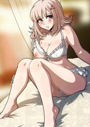 Rule 34 | 1girl, bare arms, bare legs, bare shoulders, barefoot, bikini, bikini pull, blurry, blurry background, blush, breasts, cleavage, clothes pull, collarbone, danganronpa (series), danganronpa 2: goodbye despair, duplicate, dutch angle, flipped hair, frilled bikini, frills, hair ornament, hairclip, heart, heart-shaped pupils, highres, kinkymation, knees up, large breasts, light brown hair, looking at viewer, medium hair, mole, mole on breast, nanami chiaki, nipples, official alternate costume, on bed, pink eyes, pulled by self, sitting, solo, swimsuit, symbol-shaped pupils, teeth, white bikini
