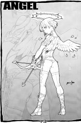 Rule 34 | 1boy, angel, angel wings, arrow (projectile), ass, bow (weapon), from behind, garter belt, greyscale, halo, highres, looking back, male focus, monochrome, original, panties, po-ju, scan, short hair, signature, solo, standing, thighhighs, trap, underwear, weapon, wings, zoom layer