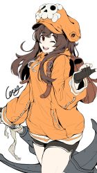 Rule 34 | 1girl, ;), anchor, backpack, bag, baggy clothes, bike shorts, black gloves, breasts, brown eyes, brown hair, coezi2, fingerless gloves, gloves, guilty gear, guilty gear strive, hat, highres, hood, hoodie, huge weapon, long hair, looking at viewer, may (guilty gear), one eye closed, orange hat, orange hoodie, orange shirt, pirate hat, pointing, pointing at viewer, shirt, simple background, skull and crossbones, smile, solo, thighs, weapon, white background