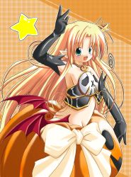 Rule 34 | 1girl, :d, aqua eyes, arm up, black gloves, blonde hair, blush, bow, collar, crown, demon girl, elbow gloves, fang, gloves, halloween, highres, jack-o&#039;-lantern, kopa hiroshi, long hair, looking at viewer, low wings, melissa seraphy, open mouth, orange background, parted bangs, plaid, plaid background, pointy ears, sidelocks, smile, solo, star (symbol), v, very long hair, waga mama capriccio, wings
