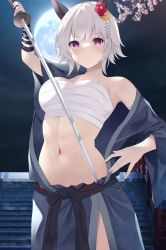 Rule 34 | 1girl, absurdres, animal ears, ascot, bare shoulders, black kimono, breasts, cherry blossoms, chest sarashi, cleavage, closed mouth, curren chan (umamusume), flower, full moon, grey hair, hair flower, hair ornament, highres, holding, holding sword, holding weapon, horse ears, japanese clothes, katana, kimono, large breasts, long sleeves, looking at viewer, moon, navel, night, night sky, open clothes, open kimono, outdoors, purple eyes, red flower, sarashi, short hair, sky, solo, stairs, stomach, sword, toned, umamusume, v-shaped eyebrows, weapon, wide sleeves, yellow ascot, zeatto