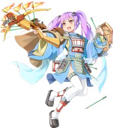 Rule 34 | &gt;:d, 1girl, :d, arrow (projectile), bowgun, emerane, fang, full body, holding, holding arrow, holding weapon, long hair, open mouth, oshiro project:re, oshiro project:re, purple hair, red eyes, smile, solo, taga (oshiro project), thighhighs, transparent background, twintails, v-shaped eyebrows, very long hair, weapon, white thighhighs
