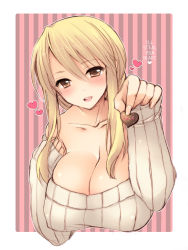 Rule 34 | 1girl, agrias oaks, alternate costume, blonde hair, blush, breasts, brown hair, candy, chocolate, chocolate heart, cleavage, collarbone, female focus, final fantasy, final fantasy tactics, food, hard-translated, heart, huge breasts, off shoulder, open mouth, pocopoco, solo, sweater, third-party edit, translated, valentine