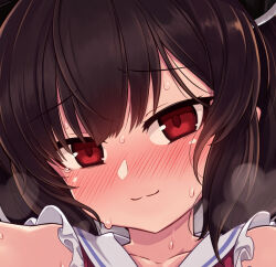 Rule 34 | 1girl, black hair, blush, close-up, collarbone, collared dress, dress, from above, heavy breathing, looking at viewer, null (nyanpyoun), red dress, red eyes, short hair, smile, solo, sweat, touhoku kiritan, variant set, voiceroid