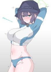 Rule 34 | 1girl, absurdres, arms behind head, bikini, bikini bottom only, black hat, blue archive, blue bikini, blue eyes, blue hair, blush, breasts, bucket hat, closed mouth, dark blue hair, green halo, halo, hat, highres, large breasts, long sleeves, looking at viewer, medium hair, navel, object insertion, official alternate costume, raglan sleeves, rash guard, redeadman100, saki (blue archive), saki (swimsuit) (blue archive), shiny skin, simple background, solo, swimsuit, trembling, twitter username, vaginal, vaginal object insertion, vibrator under swimsuit