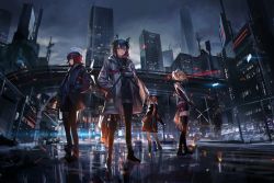 Rule 34 | 4girls, alternate costume, animal ears, arknights, backlighting, black hair, black legwear, black shorts, building, city, city lights, cityscape, cow horns, croissant (arknights), crosswalk, energy wings, exusiai (arknights), grey jacket, gun, halo, hands in pockets, highres, highway, hood, hooded jacket, horns, jacket, kriss vector, long sleeves, low ponytail, mouth hold, multiple girls, official alternate costume, open clothes, open jacket, orange hair, ouko, outdoors, pantyhose, penguin logistics (arknights), red hair, reflection, revision, scenery, short hair, short shorts, shorts, skyscraper, sora (arknights), staff, standing, submachine gun, tail, texas (arknights), texas (winter messenger) (arknights), thighhighs, twintails, weapon, wolf ears, wolf girl, wolf tail