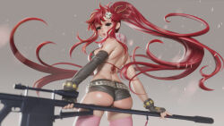 Rule 34 | 1girl, 3d, anti-materiel rifle, ass, back, belt, bikini, bikini top only, breasts, commentary, english commentary, flame print, from behind, gun, hair ornament, highres, lips, long hair, looking at viewer, no shirt, pink thighhighs, ponytail, red hair, rifle, scarf, skull hair ornament, sniper rifle, solo, striped clothes, striped scarf, studded belt, studded bracelet, swimsuit, tengen toppa gurren lagann, thighhighs, ucupumar, very long hair, weapon, wedgie, yoko littner