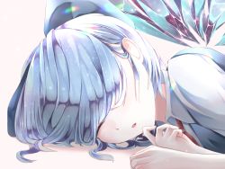 Rule 34 | 1girl, :o, blue bow, blue hair, blue wings, bow, cirno, detached wings, closed eyes, hair bow, hair over one eye, highres, ice, ice wings, lying, on stomach, parted lips, red neckwear, short hair, sleeping, solo, touhou, tsune (tune), upper body, wings