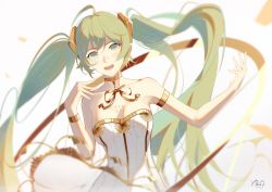 Rule 34 | 1girl, arm strap, breasts, chest tattoo, chinese commentary, collarbone, dated, dress, floating hair, gold choker, green eyes, green hair, hatsune miku, head tilt, highres, jijing zishui, long hair, medium breasts, open mouth, signature, smile, solo, tattoo, twintails, very long hair, vocaloid, white dress