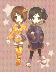 Rule 34 | 1boy, 1girl, argyle, argyle background, argyle clothes, bag, bishounen, black hair, black pantyhose, brown background, brown eyes, brown hair, coat, earrings, full body, hair bobbles, hair ornament, jay (tales), jewelry, l a n a, norma beatty, pantyhose, pantyhose under shorts, pink background, purple eyes, shoes, short hair, shorts, side ponytail, skirt, star (symbol), tales of (series), tales of legendia, thighhighs, yellow skirt, yellow thighhighs