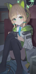 Rule 34 | 1girl, absurdres, animal ear headphones, animal ears, ass, black thighhighs, blonde hair, blue archive, blue bow, blue necktie, bow, closed mouth, collared shirt, fake animal ears, green eyes, green halo, guree (haiiro), hair bow, halo, handheld game console, headphones, highres, holding, holding handheld game console, indoors, jacket, long sleeves, looking at viewer, midori (blue archive), necktie, shirt, short hair, sitting, solo, thighhighs, two-sided fabric, two-sided jacket, white jacket, white shirt