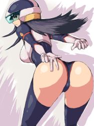 Rule 34 | 00s, 1girl, arms behind back, ass, back, bent over, black hair, blue thighhighs, bodysuit, breasts, clenched hand, cowboy shot, flipped hair, from behind, fujimura shizuru, fumio (rsqkr), gloves, helmet, large breasts, leaning forward, leotard, long hair, looking at viewer, looking back, parted lips, profile, shadow, shinkon gattai godannar!!, solo, thighhighs, visor