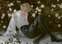 Rule 34 | 1boy, arm support, bishounen, black footwear, black pants, blonde hair, blush, boots, bush, center frills, collarbone, collared shirt, cross-laced clothes, dappled sunlight, dress shirt, ensemble stars!, feet out of frame, flower, frilled sleeves, frills, grey hair, hair over one eye, half-closed eyes, highleg, highres, knee boots, knee up, leaning back, long sleeves, looking away, looking down, male focus, nature, on ground, one eye covered, pants, pants tucked in, parted lips, plant, puffy long sleeves, puffy sleeves, purple eyes, rose, rrr (reason), shirt, short hair, sitting, solo, sunlight, tomoe hiyori, watermark, web address, white flower, white rose, white shirt