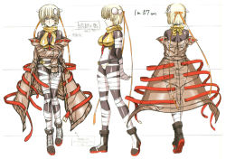 Rule 34 | 1girl, anita (growlanser), ass, back, bandages, belt, between breasts, blonde hair, bodysuit, boots, breasts, brown eyes, chain, cleavage, coat, female focus, full body, growlanser, growlanser vi, hair ornament, height, large breasts, leotard, official art, short hair, simple background, solo, standing, transparent, urushihara satoshi