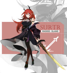 Rule 34 | 1girl, absurdres, arknights, arm behind back, bangs, belt, black belt, black dress, black footwear, black jacket, black thighhighs, breasts, character name, closed mouth, detached collar, dress, full body, harness, highres, holding, holding sword, holding weapon, horns, jacket, jacket pull, long hair, looking at viewer, medium breasts, open clothes, open jacket, purple eyes, red hair, rhodes island logo, serious, shoes, simple background, solo, standing, surtr (arknights), sword, thighhighs, tupolev-160 (artist), weapon