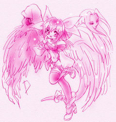 Rule 34 | 1girl, arc system works, asymmetrical wings, boots, chibi, chibi only, choker, dizzy (guilty gear), guilty gear, hair ribbon, high heels, leg lift, lowres, monochrome, necro (guilty gear), pink theme, ribbon, shoes, sketch, tail, tail ornament, tail ribbon, thighhighs, undine (guilty gear), wings