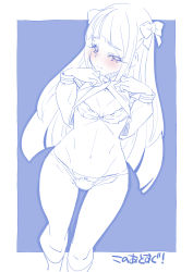 Rule 34 | 1girl, blouse, blue theme, blush, bow, bow panties, bra, breasts, closed mouth, clothes lift, commentary, crotch seam, hair bow, half-closed eyes, highres, kaguya madoka, kneehighs, lifted by self, long hair, long sleeves, looking at viewer, mihoshi middle school uniform, miyagoe yoshitsuki, monochrome, navel, no pants, panties, precure, school uniform, shirt, shirt lift, small breasts, smile, socks, solo, standing, star twinkle precure, translated, underwear
