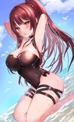 Rule 34 | 1girl, armpits, arms behind head, arms up, bare arms, bare shoulders, beach, black choker, black one-piece swimsuit, braid, breasts, choker, cleavage, day, dutch angle, frown, girls&#039; frontline, highres, large breasts, long hair, looking at viewer, manya drhr, official alternate costume, one-piece swimsuit, outdoors, ponytail, red eyes, red hair, seiza, sitting, solo, swimsuit, thighs, wa2000 (girls&#039; frontline), wa2000 (op. manta ray) (girls&#039; frontline), water, wet