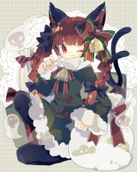 Rule 34 | 1girl, adapted costume, animal ear fluff, animal ears, bell, black bow, black pantyhose, blunt bangs, bow, braid, cat ears, cat tail, commentary request, doily, dress, fang, fang out, full body, fur-trimmed dress, fur trim, gift, green bow, green dress, hair bell, hair ornament, hand up, highres, kaenbyou rin, long hair, long sleeves, looking at viewer, multiple tails, neck bell, neck ribbon, nikorashi-ka, one-hour drawing challenge, one eye closed, on one knee, pantyhose, paw pose, polka dot, polka dot background, red bow, red eyes, red hair, red ribbon, ribbon, sack, skull, smile, solo, striped, striped bow, tail, touhou, twin braids, twintails, two tails