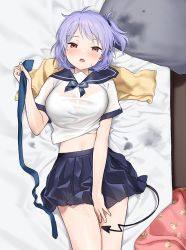 Rule 34 | 1girl, black skirt, blush, breasts, crop top, demon tail, holding, large breasts, looking at viewer, lying, midriff, miniskirt, navel, on back, on bed, one side up, open mouth, original, pleated skirt, purple hair, red eyes, sailor collar, school uniform, sekiya asami, serafuku, shirt, short hair, short sleeves, skirt, solo, tail, thighs, wet, wet clothes, wet shirt, white shirt