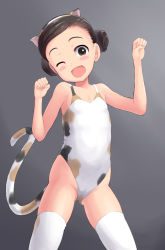 Rule 34 | 1girl, animal ears, black hair, blush stickers, brown eyes, cat ears, cat tail, commentary request, double bun, flat chest, gradient background, grey background, hair bun, highres, leotard, long hair, looking at viewer, one eye closed, original, paw pose, qm, smile, solo, tail, thighhighs, white eyes, white thighhighs