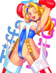 Rule 34 | 1boy, 1girl, animated, animated gif, arms up, blonde hair, blue eyes, boman delgado, boxing gloves, breasts, capcom, cleft of venus, closed eye, cum, cum on body, dark-skinned male, dark skin, justice gakuen, naughty face, penis, pussy, tiffany lords, tkgoishi, tongue, tongue out, veins, veiny penis