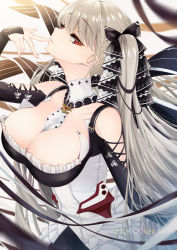 Rule 34 | 1girl, azur lane, bare shoulders, between breasts, blurry, breasts, cleavage, cluseller, depth of field, dress, eyelashes, finger to mouth, flight deck, formidable (azur lane), frilled dress, frills, hair ribbon, highres, large breasts, long hair, looking to the side, platinum blonde hair, red eyes, ribbon, solo, twintails, two-tone dress, two-tone ribbon, upper body, very long hair, white background
