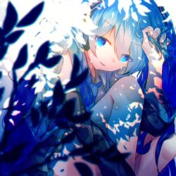 Rule 34 | bad id, bad pixiv id, bare shoulders, black skirt, black sleeves, blue eyes, blue hair, blue necktie, blurry, blurry foreground, commentary, crying, crying with eyes open, dappled sunlight, detached sleeves, frilled shirt, frills, fuyuzuki gato, hair ornament, twirling hair, hand up, hatsune miku, headphones, highres, hugging own legs, leaf, long hair, looking at viewer, miniskirt, necktie, parted lips, plant, pleated skirt, shirt, sidelighting, sitting, skirt, sleeveless, sleeveless shirt, solo, sunlight, tears, twintails, very long hair, vocaloid, white shirt