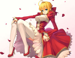 Rule 34 | 10s, 1girl, ahoge, blonde hair, breasts, dress, fate/extra, fate (series), fingernails, fkey, full body, green eyes, high heels, large breasts, legs, long legs, looking at viewer, nail polish, nero claudius (fate), nero claudius (fate) (all), nero claudius (fate/extra), petals, see-through, shoes, simple background, solo, thighhighs, thighs, white background, white thighhighs
