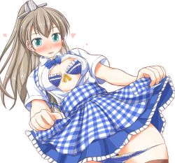 Rule 34 | 10s, 1girl, alternate costume, apron, blouse, blue bow, blue bowtie, blush, bow, bowtie, breasts, breasts apart, brown hair, collared shirt, cst (cocost), artistic error, eyebrows, gingham apron, green eyes, highres, kantai collection, kobeya uniform, kumano (kancolle), lifting own clothes, long hair, looking at viewer, open clothes, open shirt, shirt, shirt tucked in, simple background, small breasts, solo, white background, white shirt