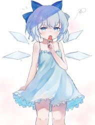 Rule 34 | 1girl, ar (maeus), bare shoulders, blue bow, blue dress, blue eyes, blue hair, blush, bow, cirno, dress, flat chest, food, hair bow, ice, ice wings, looking at viewer, open mouth, popsicle, short hair, simple background, sketch, solo, sweat, touhou, watermelon bar, white background, wings