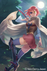 Rule 34 | 1girl, armor, black thighhighs, breasts, cape, esukee, eyepatch, full moon, greaves, green eyes, holding, knife, leg up, looking at viewer, moon, night, red hair, reverse grip, short hair, skirt, solo, soukoku no regalia, thighhighs, watermark, wind