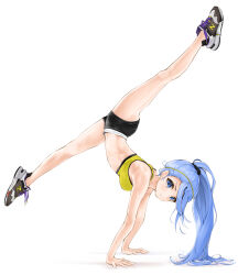 Rule 34 | 1girl, arm support, blue eyes, blue hair, chaesu, flexible, handstand, looking at viewer, midriff, ponytail, shorts, simple background, split, tagme
