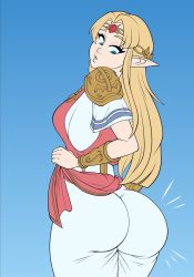 Rule 34 | 1girl, ass, blonde hair, breasts, elf, green eyes, huge ass, large breasts, long hair, looking back, nintendo, pants, parted lips, parvad, pointy ears, princess, princess zelda, sideboob, solo, the legend of zelda, thick thighs, thighs