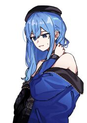 Rule 34 | 1girl, armpit crease, bare shoulders, black choker, black hat, blue eyes, blue hair, blue jacket, choker, ear ornament, earrings, hair flowing over, hair ornament, hair strand, hand in own hair, hand on own neck, hat, highres, hololive, hoshimachi suisei, jacket, jewelry, kiel adair, long hair, looking down, open clothes, open jacket, sidelocks, simple background, solo, sweat, virtual youtuber, white background, worried