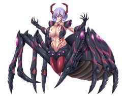 Rule 34 | 1girl, arachne, armor, arthropod girl, arthropod limbs, breasts, carapace, claws, cleavage, collarbone, evil grin, evil smile, extra legs, facial tattoo, full body, gauntlets, grin, groin, hair between eyes, highres, horns, huge breasts, ikameshi, insect girl, kouyoku senki exs-tia, light purple hair, looking at viewer, lusterise, magical girl, monster girl, multiple legs, navel, purple eyes, sharp teeth, short hair, shoulder armor, sidelocks, simple background, smile, solo, spider girl, stomach, tachi-e, tattoo, taur, teeth, toned, w arms, white background