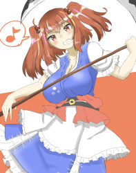 Rule 34 | 1girl, absurdres, black sash, blue dress, braid, breasts, clenched teeth, coin, coin on string, dress, hair bobbles, hair ornament, highres, holding, holding scythe, holed coin, japanese clothes, large breasts, looking at viewer, medium hair, musical note, obi, one-hour drawing challenge, onozuka komachi, orange background, puffy short sleeves, puffy sleeves, red eyes, red hair, sash, scythe, shirokumall, short sleeves, smile, solo, speech bubble, teeth, touhou, twin braids, white background