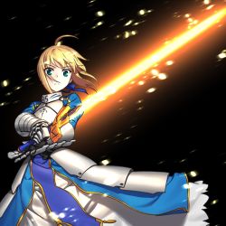 Rule 34 | 1girl, ahoge, armor, armored dress, artoria pendragon (fate), blonde hair, blue dress, blue ribbon, breastplate, closed mouth, commentary, dress, excalibur (fate/stay night), fate/stay night, fate (series), frown, gauntlets, gloves, glowing, glowing sword, glowing weapon, green eyes, grey gloves, hair ribbon, holding, holding sword, holding weapon, ikezawa shin, long dress, long sleeves, looking at viewer, ribbon, saber (fate), short hair, solo, standing, sword, weapon, wind