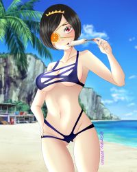 Rule 34 | 1girl, bare shoulders, beach, black clover, black hair, blush, breasts, closed mouth, eyepatch, food, highres, ice cream, large breasts, red eyes, sarahy william, short hair, swimsuit, tagme, tiara, tongue, tongue out, vanica zogratis