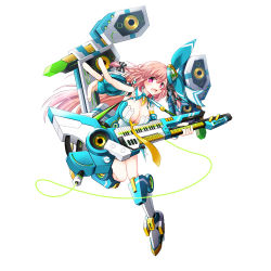 Rule 34 | 1girl, :d, armor, armored boots, bad perspective, blue gloves, boots, bow, braid, breasts, bridal gauntlets, cleavage, cosmic break, detached collar, gloves, grey footwear, hair bow, instrument, keyboard (instrument), knee boots, leg up, long hair, looking at viewer, mecha musume, medium breasts, open mouth, outstretched arm, pink eyes, pink hair, simple background, smile, solo, standing, standing on one leg, striped, striped bow, tareme, twin braids, white background